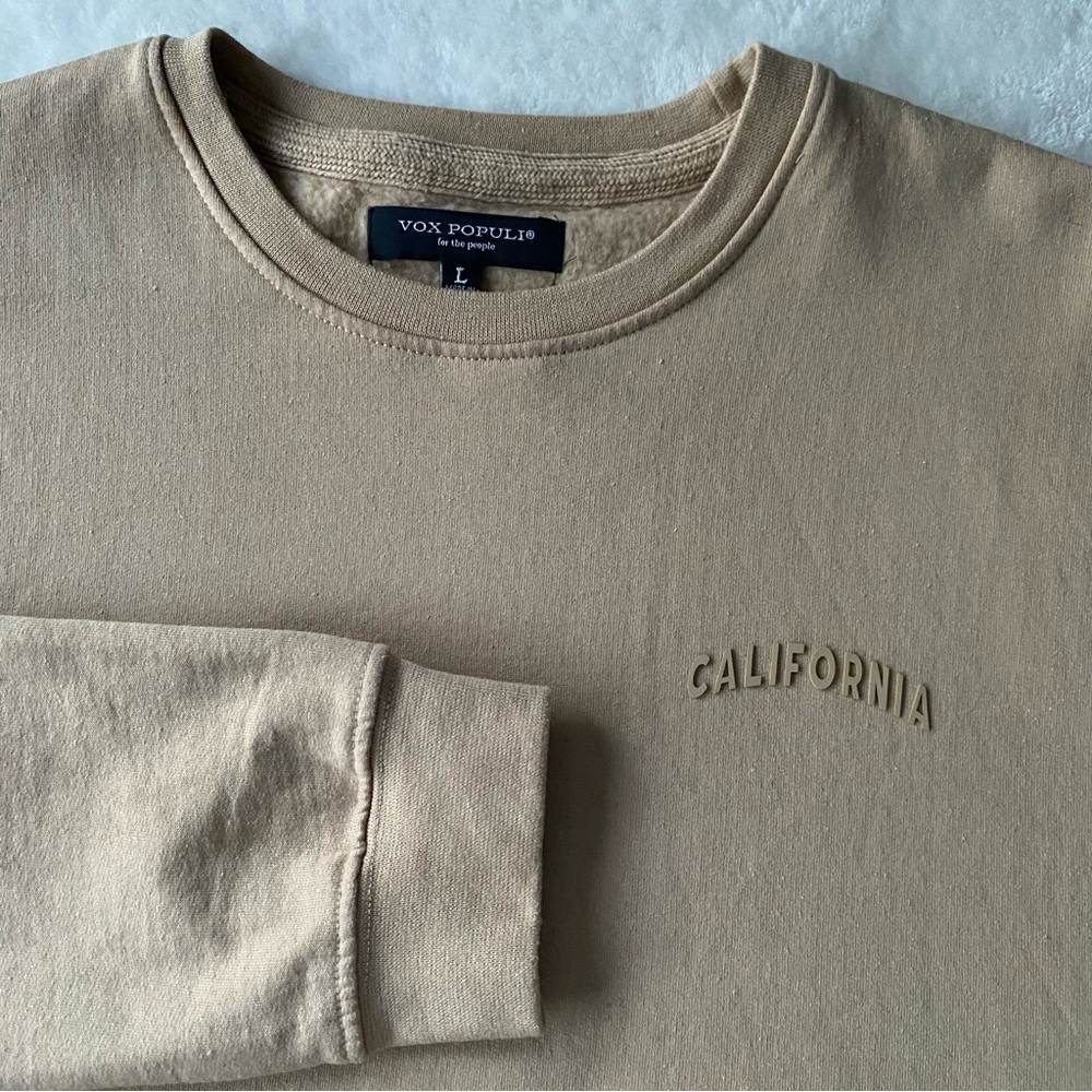 Vox Populi California Crewneck Sweatshirt Tan Size Large 3D Rubber Puff Print